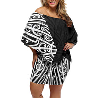 Black New Zealand Puhoro Maori Tattoo Family Matching Off Shoulder Short Dress and Hawaiian Shirt LT14 Mom's Dress Black - Polynesian Pride