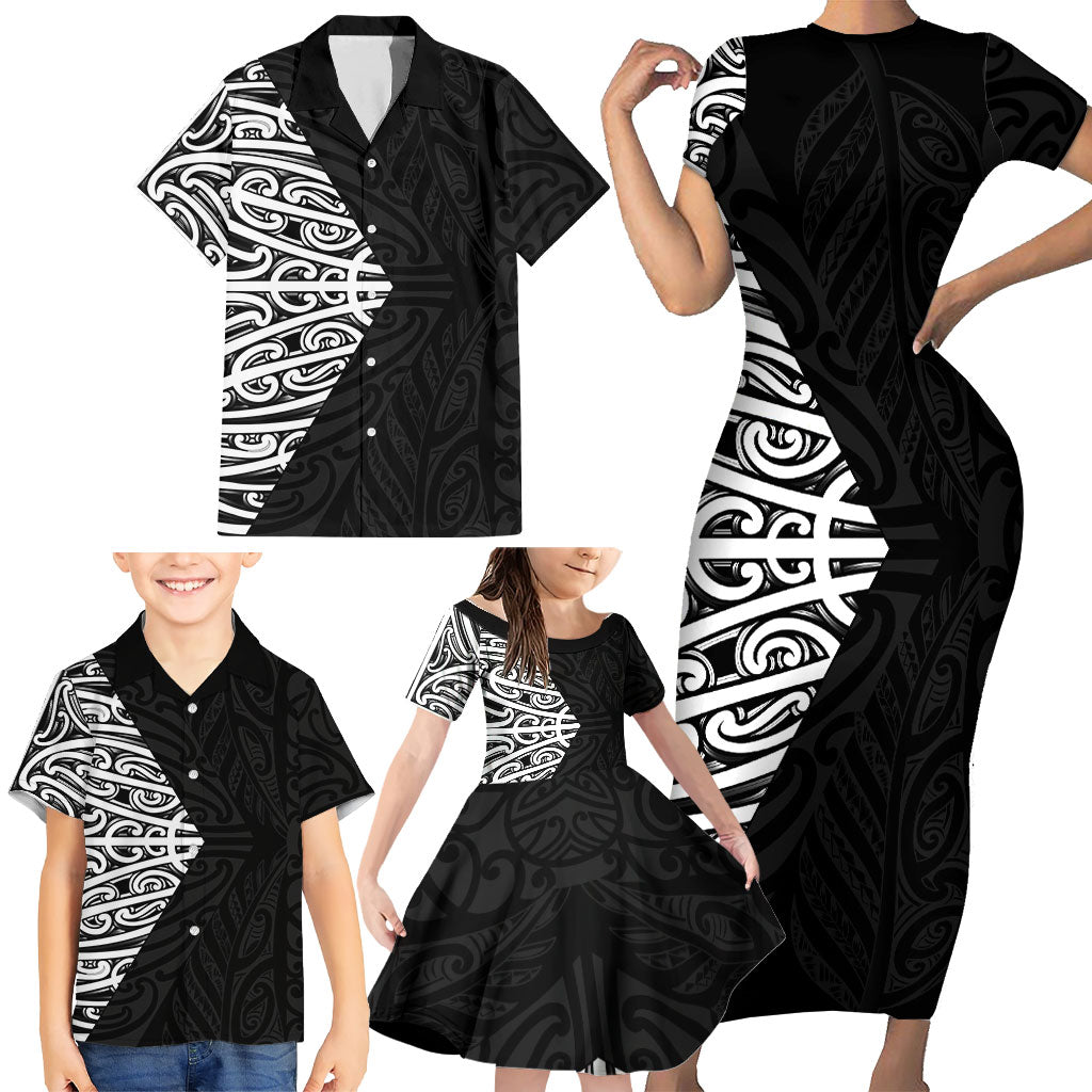 Black New Zealand Puhoro Maori Tattoo Family Matching Short Sleeve Bodycon Dress and Hawaiian Shirt LT14 - Polynesian Pride