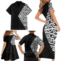 Black New Zealand Puhoro Maori Tattoo Family Matching Short Sleeve Bodycon Dress and Hawaiian Shirt LT14 - Polynesian Pride