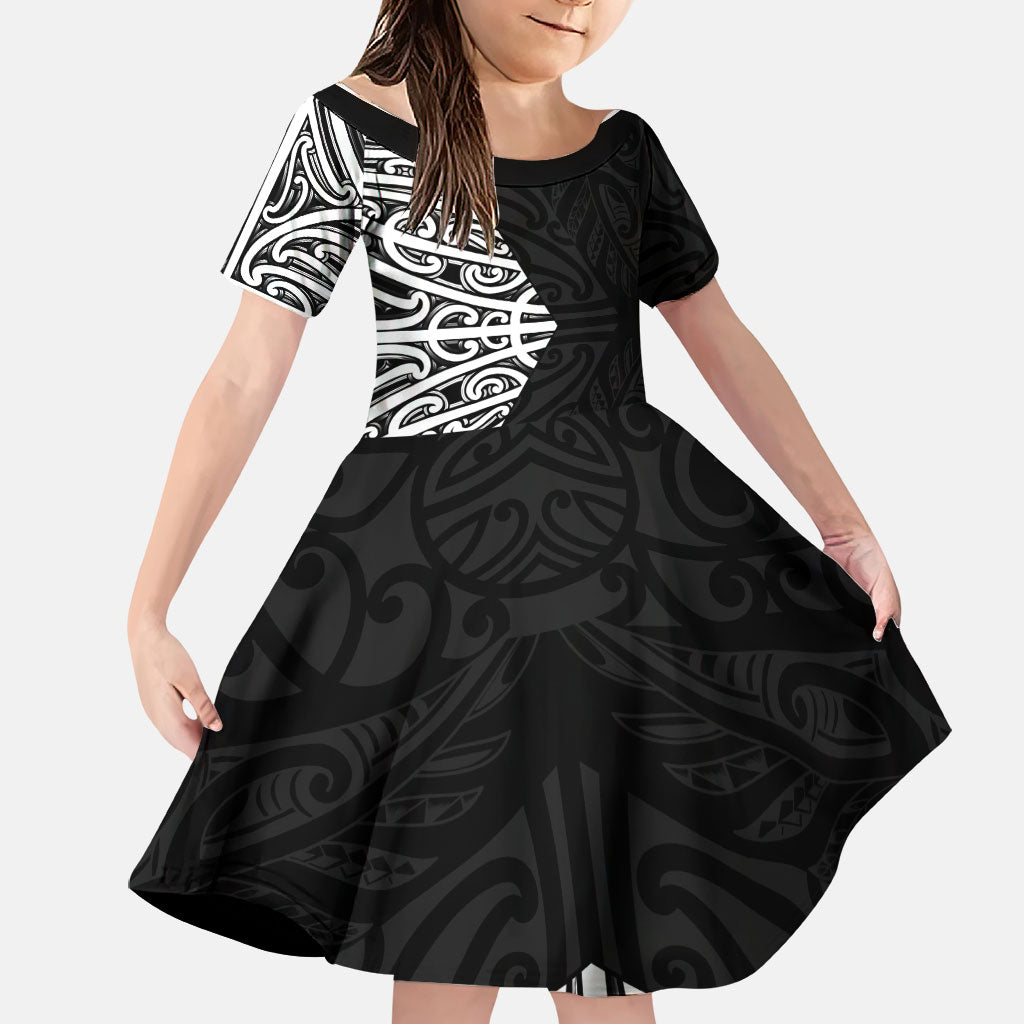 Black New Zealand Puhoro Maori Tattoo Family Matching Summer Maxi Dress and Hawaiian Shirt LT14 Daughter's Dress Black - Polynesian Pride