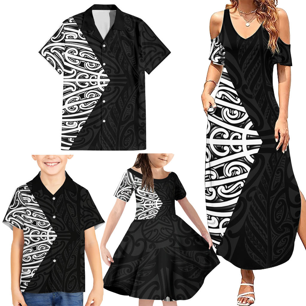 Black New Zealand Puhoro Maori Tattoo Family Matching Summer Maxi Dress and Hawaiian Shirt LT14 - Polynesian Pride