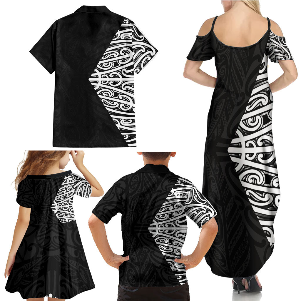 Black New Zealand Puhoro Maori Tattoo Family Matching Summer Maxi Dress and Hawaiian Shirt LT14 - Polynesian Pride