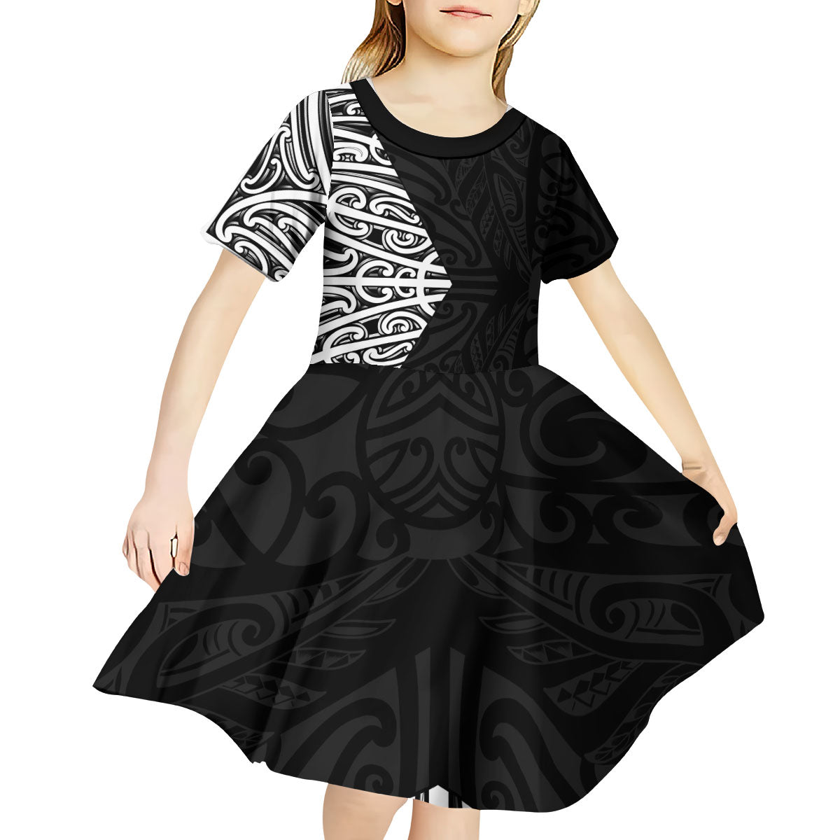 Black New Zealand Puhoro Maori Tattoo Kid Short Sleeve Dress LT14 - Polynesian Pride