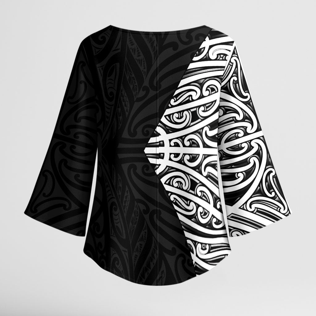 Black New Zealand Puhoro Maori Tattoo Kimono Sleeve Blouse LT14 - Polynesian Pride