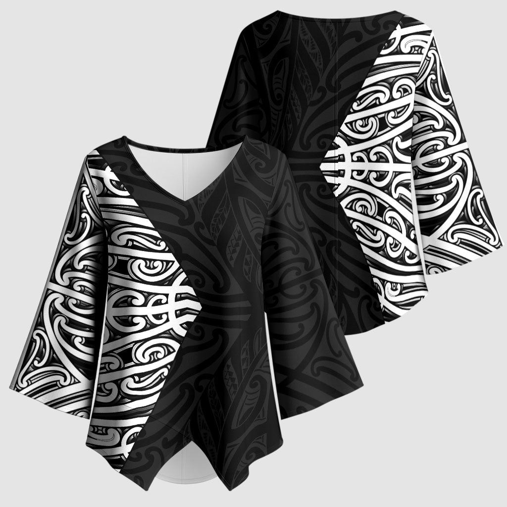 Black New Zealand Puhoro Maori Tattoo Kimono Sleeve Blouse LT14 - Polynesian Pride