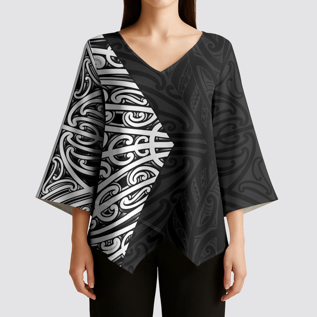 Black New Zealand Puhoro Maori Tattoo Kimono Sleeve Blouse LT14 - Polynesian Pride