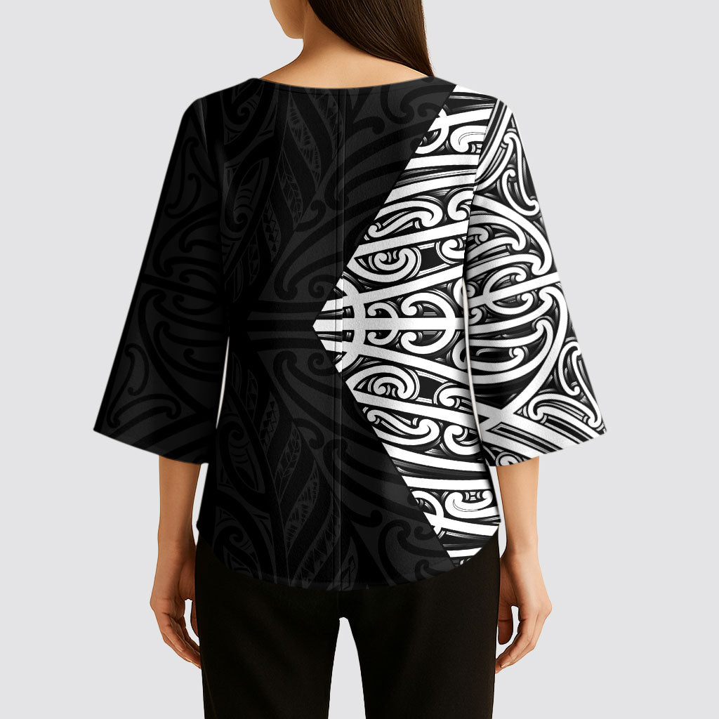 Black New Zealand Puhoro Maori Tattoo Kimono Sleeve Blouse LT14 - Polynesian Pride