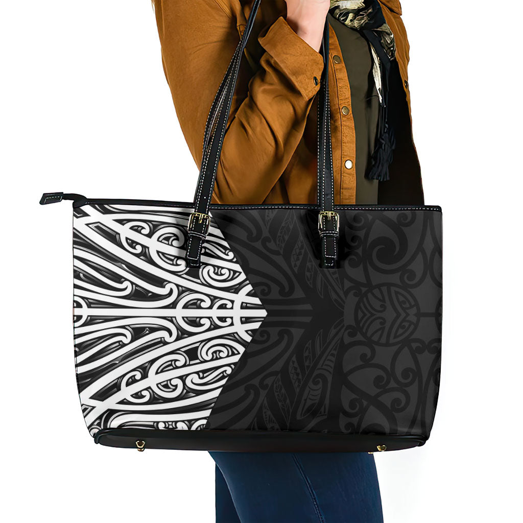 Black New Zealand Puhoro Maori Tattoo Leather Tote Bag LT14 - Polynesian Pride
