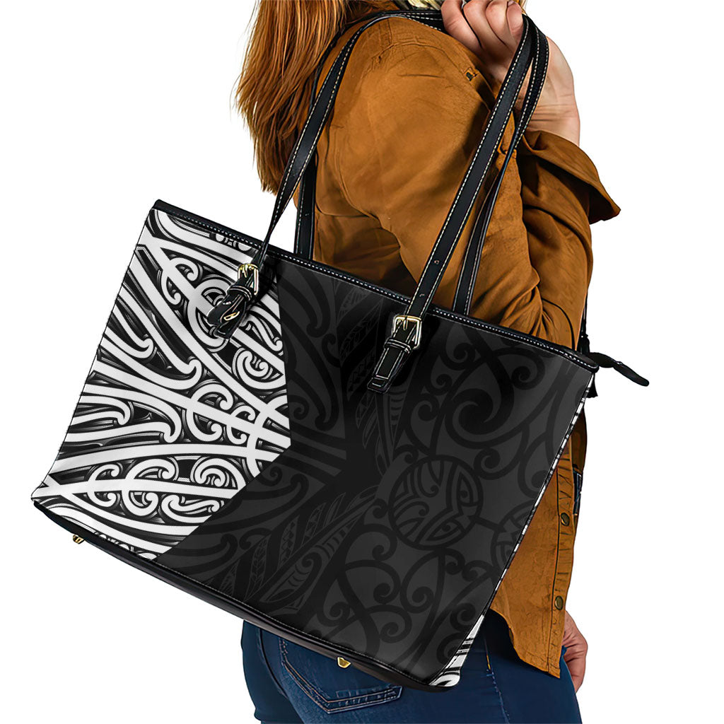 Black New Zealand Puhoro Maori Tattoo Leather Tote Bag LT14 - Polynesian Pride