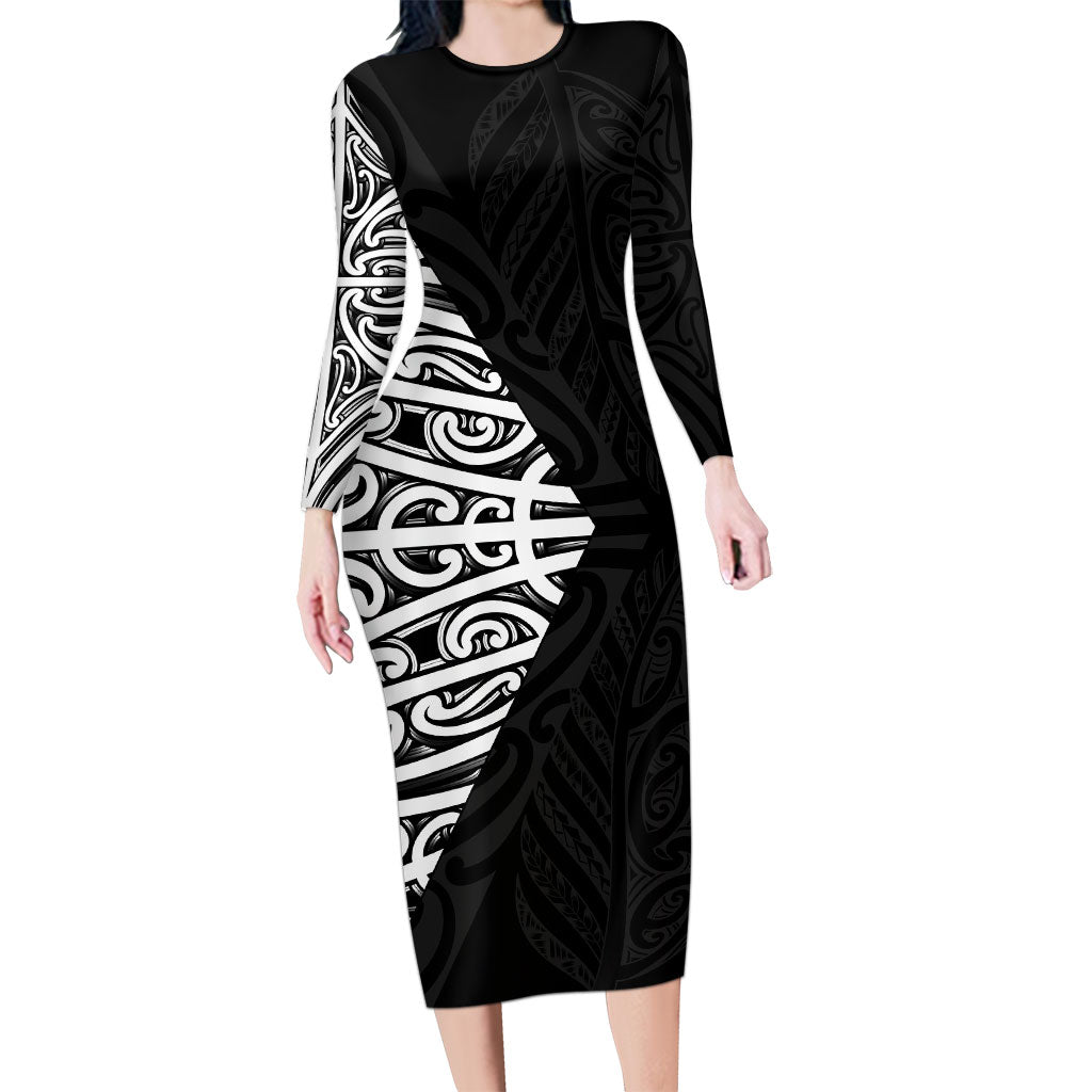 Black New Zealand Puhoro Maori Tattoo Long Sleeve Bodycon Dress LT14 Long Dress Black - Polynesian Pride