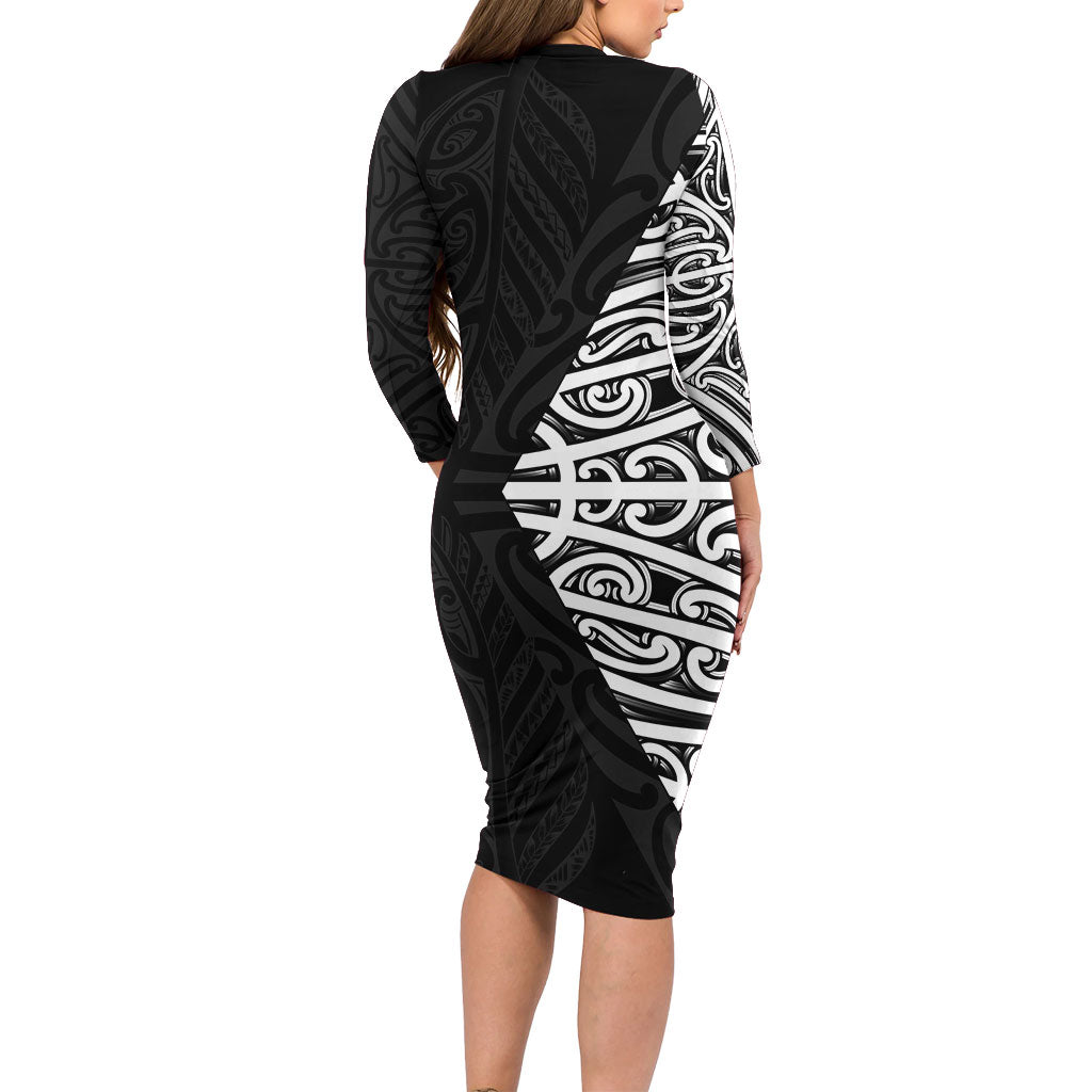 Black New Zealand Puhoro Maori Tattoo Long Sleeve Bodycon Dress LT14 - Polynesian Pride
