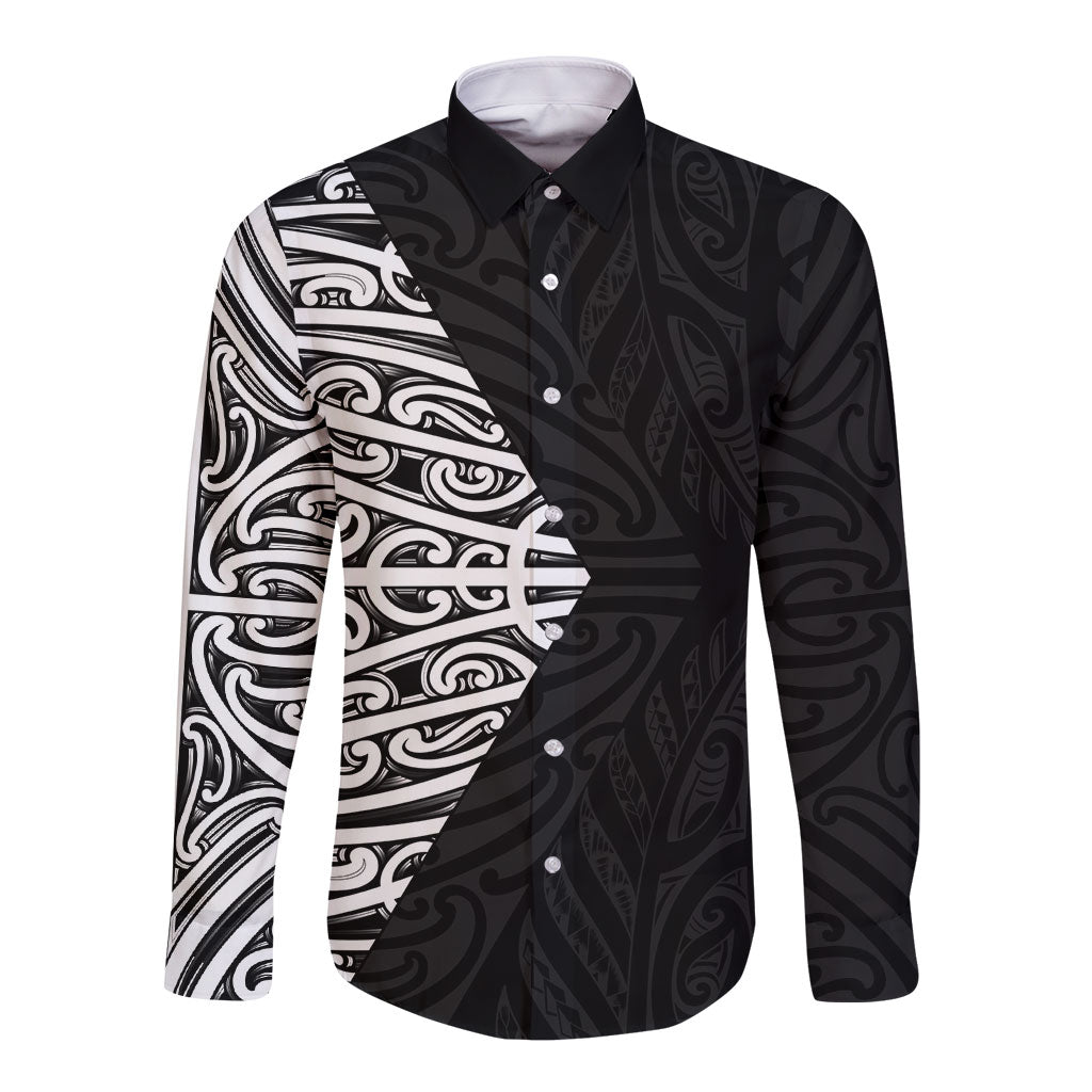 Black New Zealand Puhoro Maori Tattoo Long Sleeve Button Shirt LT14 Unisex Black - Polynesian Pride