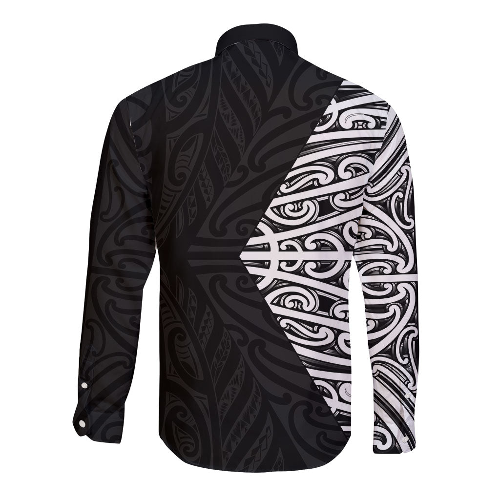 Black New Zealand Puhoro Maori Tattoo Long Sleeve Button Shirt LT14 - Polynesian Pride