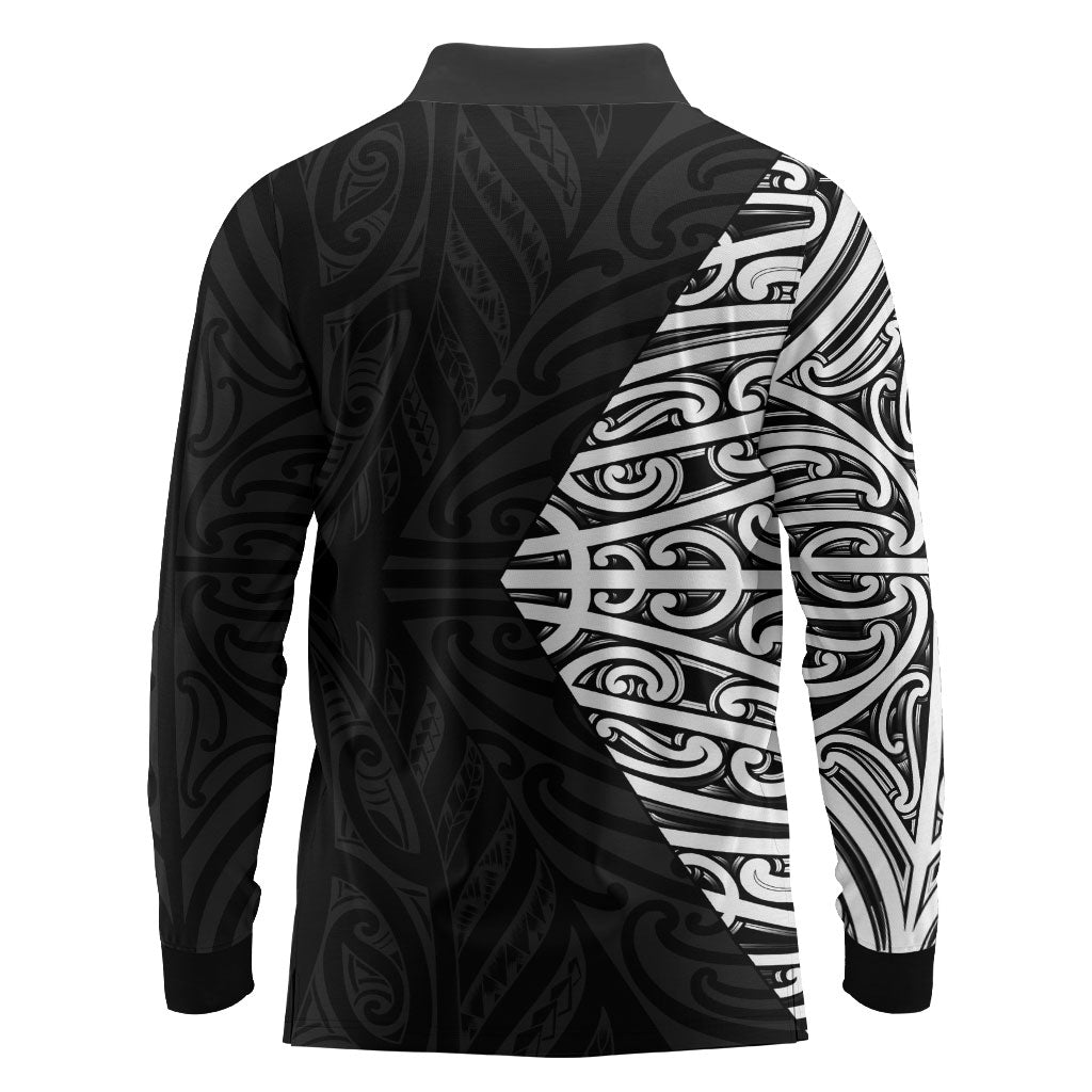 Black New Zealand Puhoro Maori Tattoo Long Sleeve Polo Shirt LT14 - Polynesian Pride