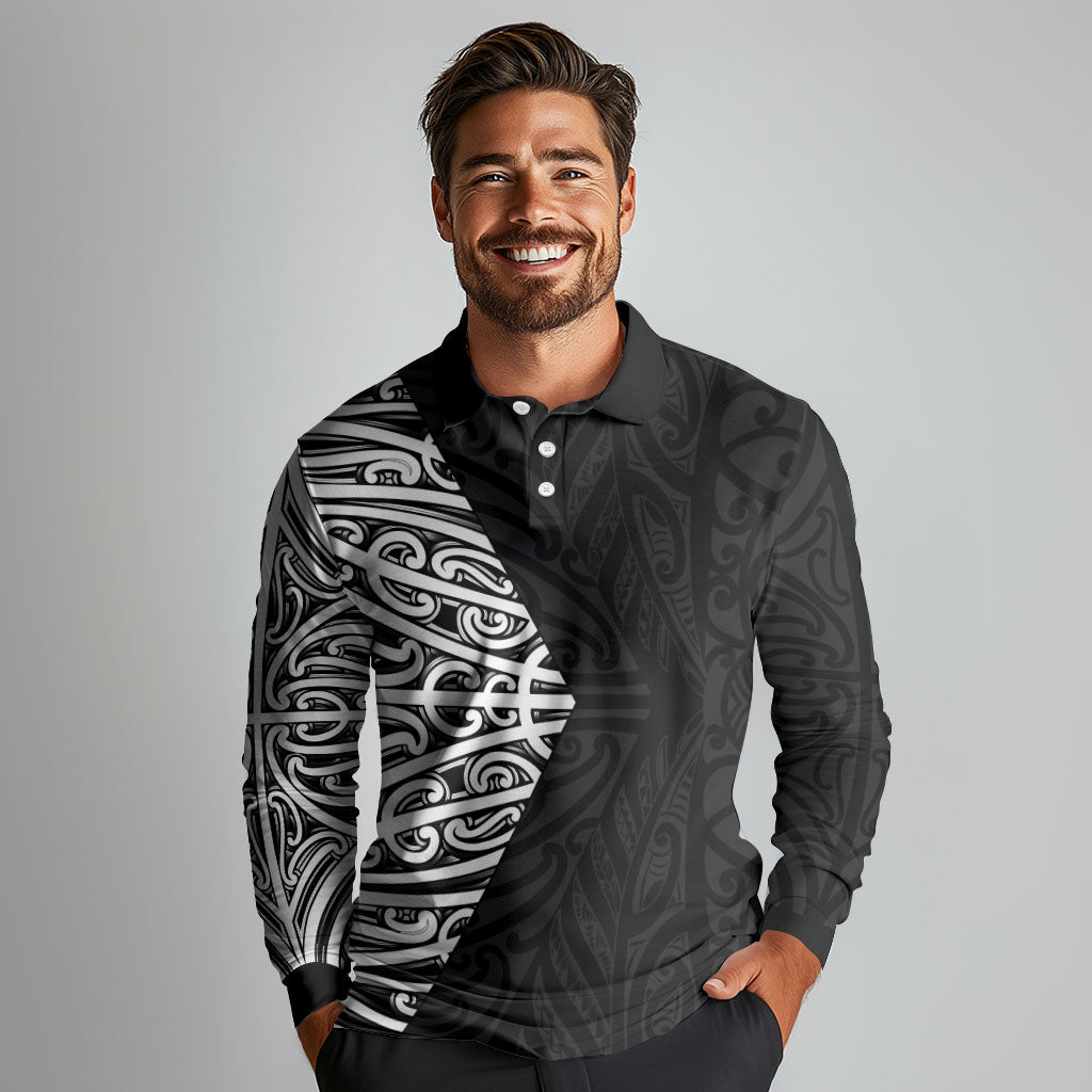 Black New Zealand Puhoro Maori Tattoo Long Sleeve Polo Shirt LT14 - Polynesian Pride