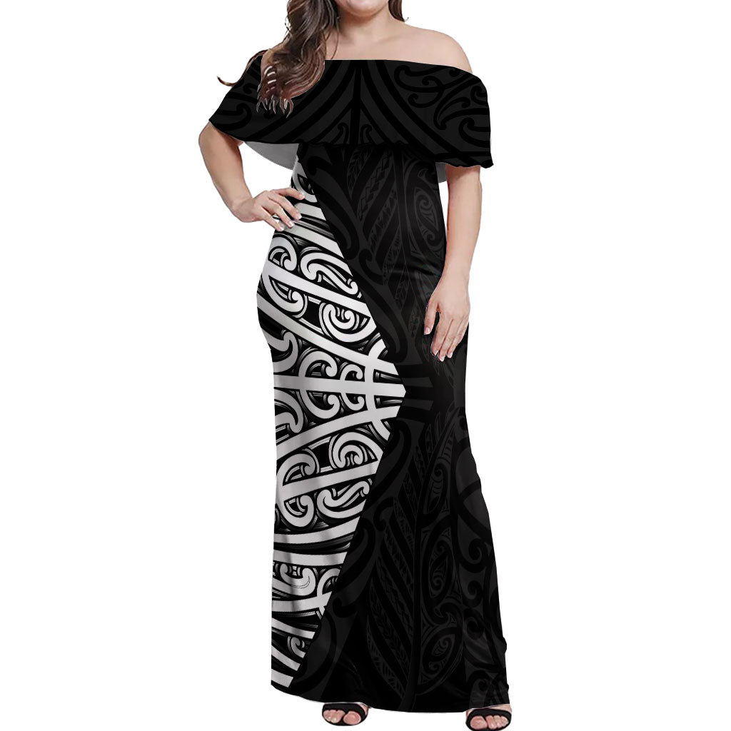 Black New Zealand Puhoro Maori Tattoo Off Shoulder Maxi Dress LT14 Women Black - Polynesian Pride