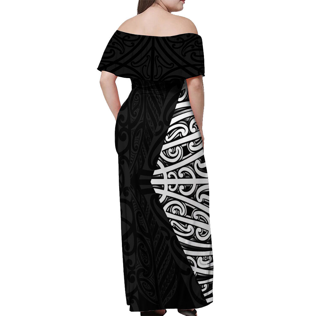 Black New Zealand Puhoro Maori Tattoo Off Shoulder Maxi Dress LT14 - Polynesian Pride