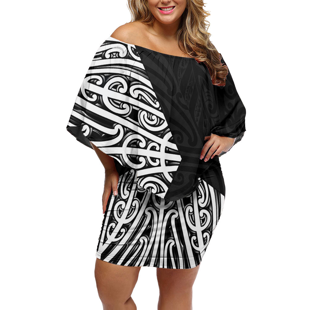 Black New Zealand Puhoro Maori Tattoo Off Shoulder Short Dress LT14 Women Black - Polynesian Pride