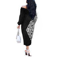 Black New Zealand Puhoro Maori Tattoo Off The Shoulder Long Sleeve Dress LT14 - Polynesian Pride