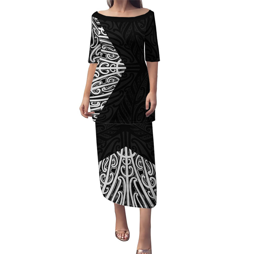 Black New Zealand Puhoro Maori Tattoo Puletasi LT14 Long Dress Black - Polynesian Pride