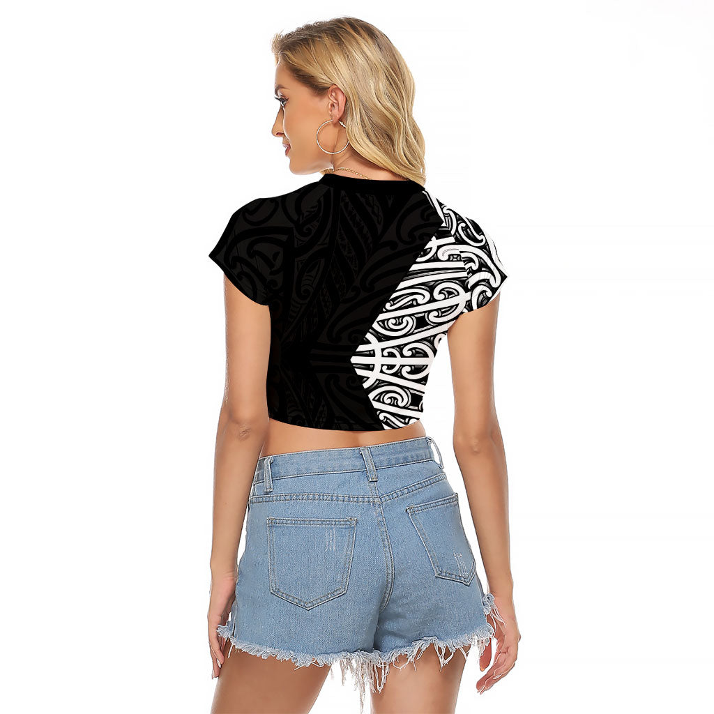 Black New Zealand Puhoro Maori Tattoo Raglan Cropped T Shirt LT14 - Polynesian Pride