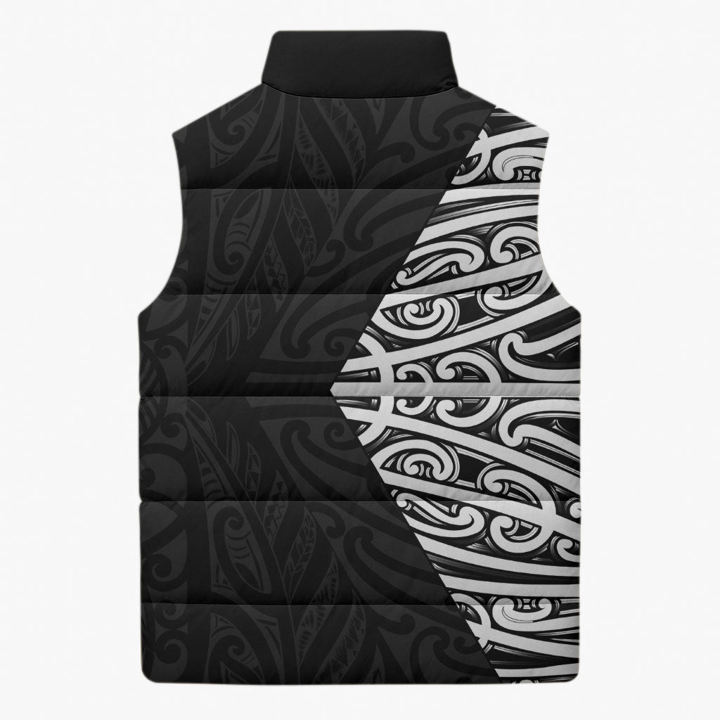 Black New Zealand Puhoro Maori Tattoo Sleeveless Puffer Jacket LT14 - Polynesian Pride