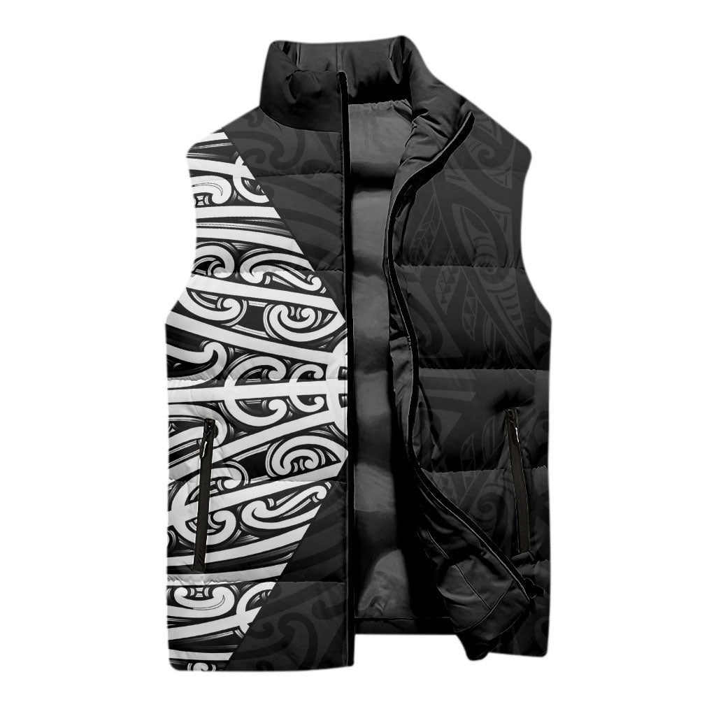 Black New Zealand Puhoro Maori Tattoo Sleeveless Puffer Jacket LT14 - Polynesian Pride