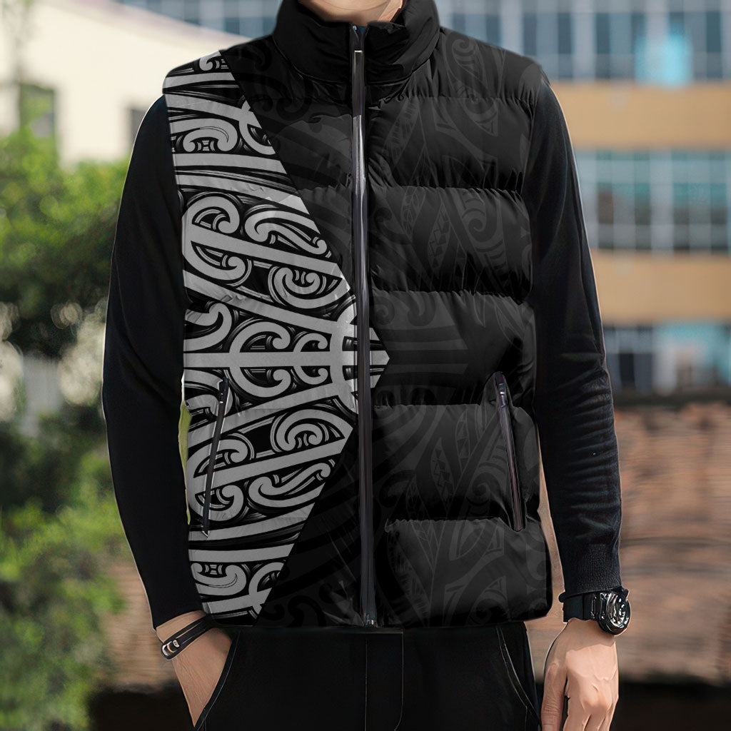 Black New Zealand Puhoro Maori Tattoo Sleeveless Puffer Jacket LT14 - Polynesian Pride