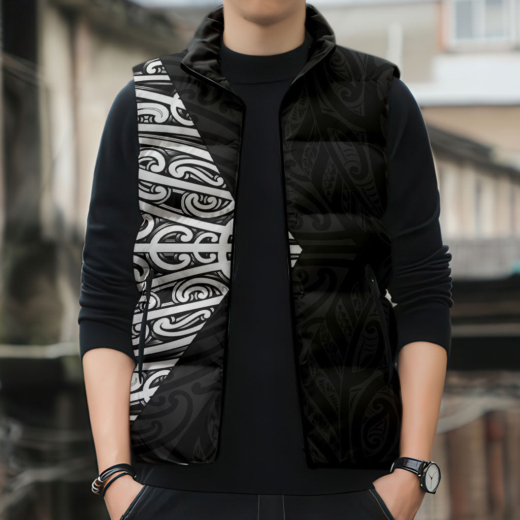 Black New Zealand Puhoro Maori Tattoo Sleeveless Puffer Jacket LT14 - Polynesian Pride