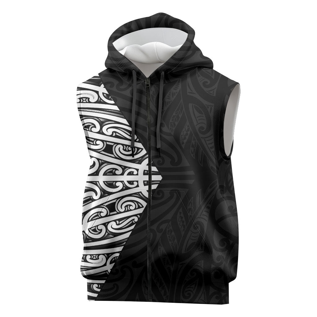 Black New Zealand Puhoro Maori Tattoo Sleeveless Zip Hoodie LT14 Black - Polynesian Pride