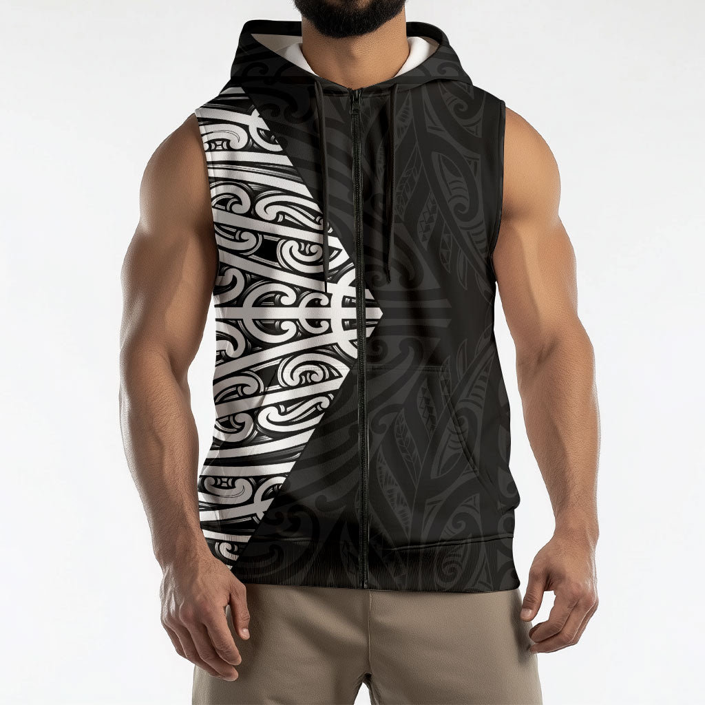 Black New Zealand Puhoro Maori Tattoo Sleeveless Zip Hoodie LT14 - Polynesian Pride