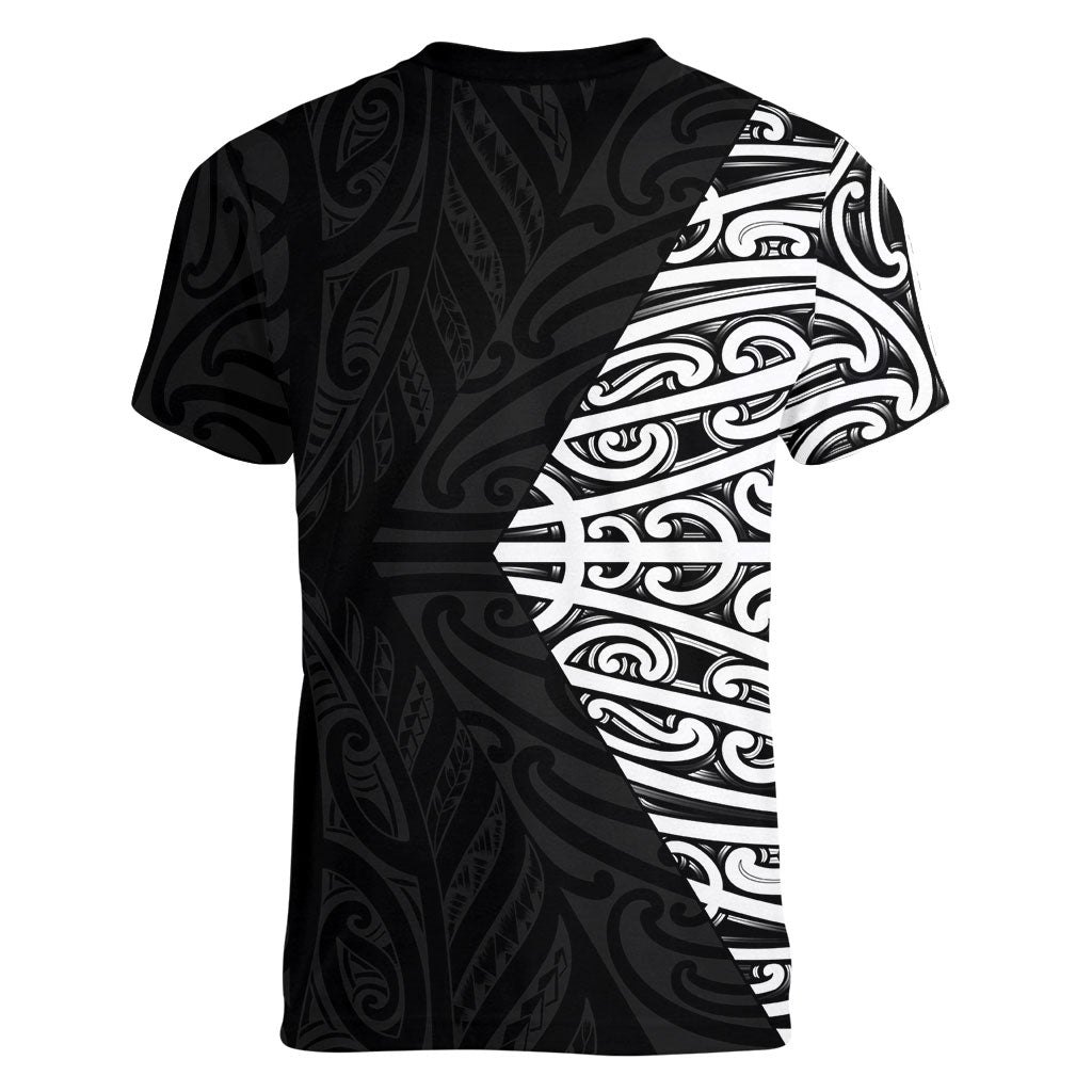 Black New Zealand Puhoro Maori Tattoo Women V-Neck T-Shirt LT14 - Polynesian Pride