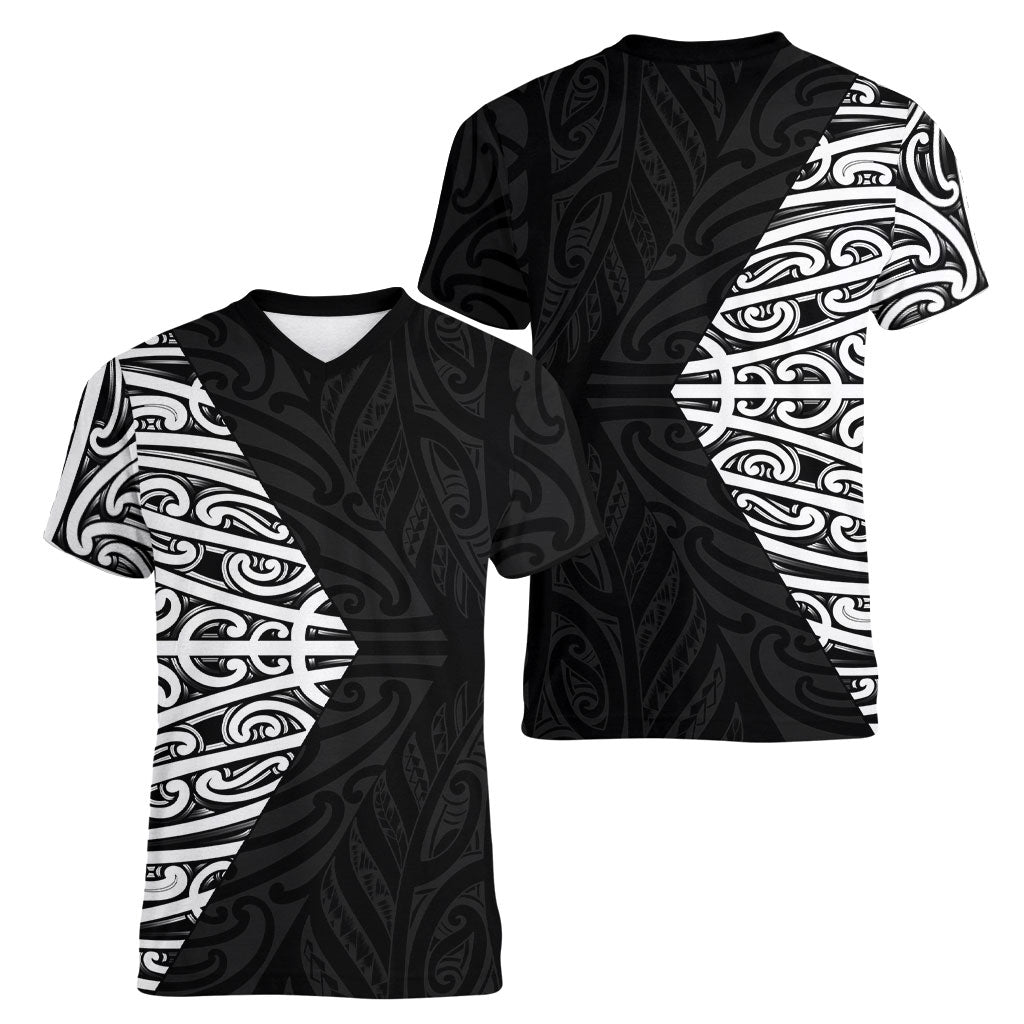 Black New Zealand Puhoro Maori Tattoo Women V-Neck T-Shirt LT14 - Polynesian Pride