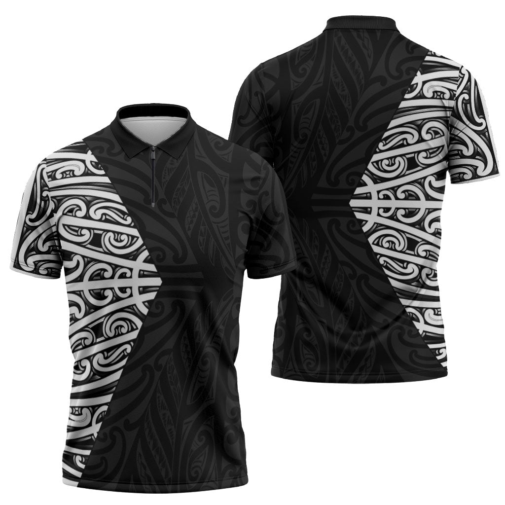 Black New Zealand Puhoro Maori Tattoo Zipper Polo Shirt LT14 - Polynesian Pride