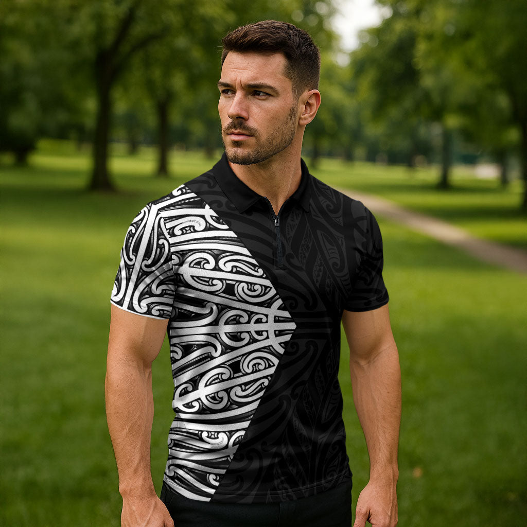 Black New Zealand Puhoro Maori Tattoo Zipper Polo Shirt LT14 - Polynesian Pride