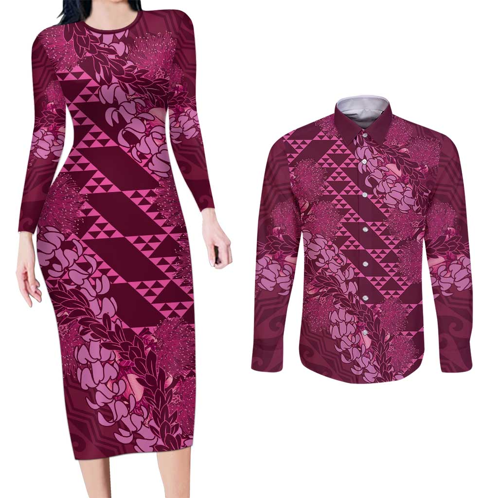 Pink Aloha Hawaii Couples Matching Long Sleeve Bodycon Dress and Long Sleeve Button Shirt Hawaiian Kakau Ohia Lehua Lei - Polynesian Pride