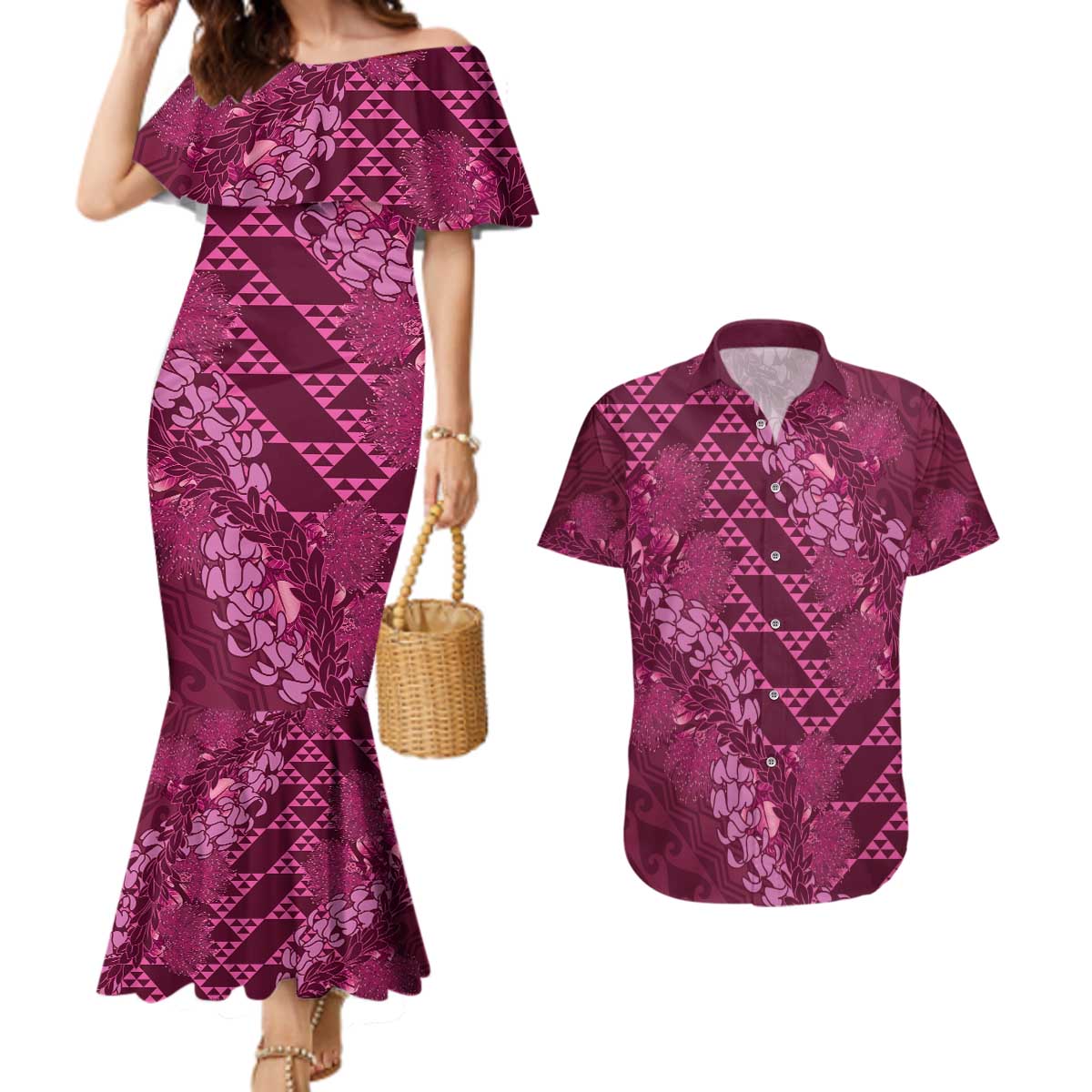 Pink Aloha Hawaii Couples Matching Mermaid Dress and Hawaiian Shirt Hawaiian Kakau Ohia Lehua Lei - Polynesian Pride