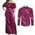 Pink Aloha Hawaii Couples Matching Off Shoulder Maxi Dress and Long Sleeve Button Shirt Hawaiian Kakau Ohia Lehua Lei - Polynesian Pride