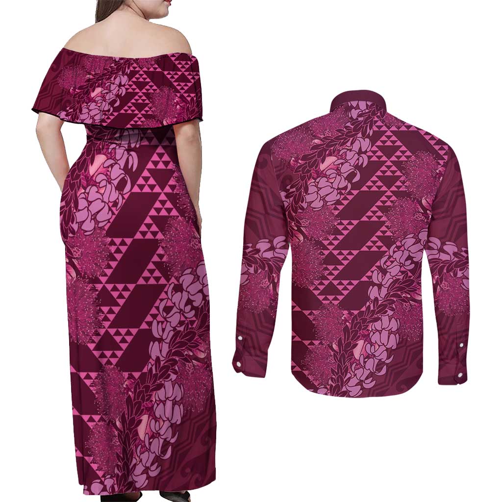 Pink Aloha Hawaii Couples Matching Off Shoulder Maxi Dress and Long Sleeve Button Shirt Hawaiian Kakau Ohia Lehua Lei - Polynesian Pride