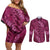 Pink Aloha Hawaii Couples Matching Off Shoulder Short Dress and Long Sleeve Button Shirt Hawaiian Kakau Ohia Lehua Lei - Polynesian Pride