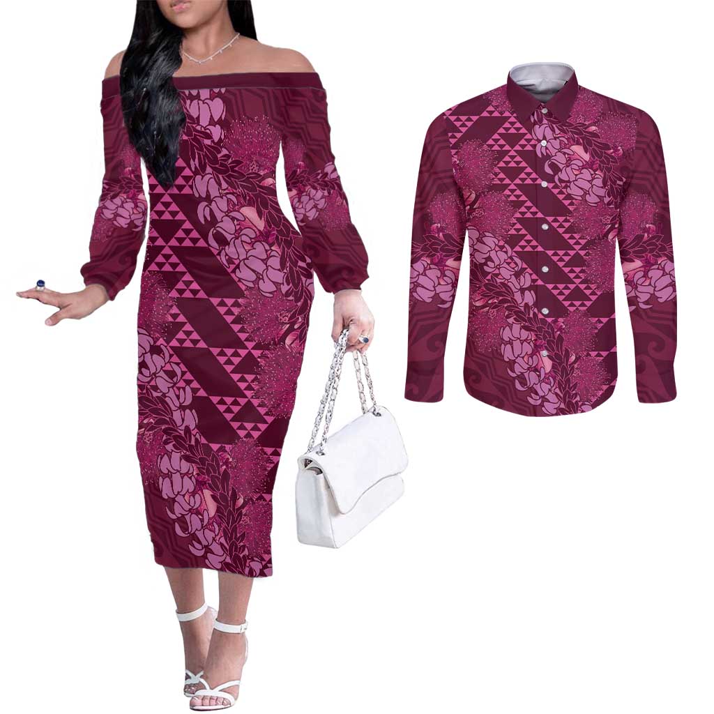 Pink Aloha Hawaii Couples Matching Off The Shoulder Long Sleeve Dress and Long Sleeve Button Shirt Hawaiian Kakau Ohia Lehua Lei - Polynesian Pride