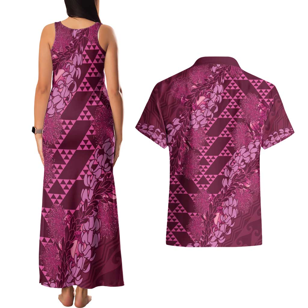 Pink Aloha Hawaii Couples Matching Tank Maxi Dress and Hawaiian Shirt Hawaiian Kakau Ohia Lehua Lei - Polynesian Pride
