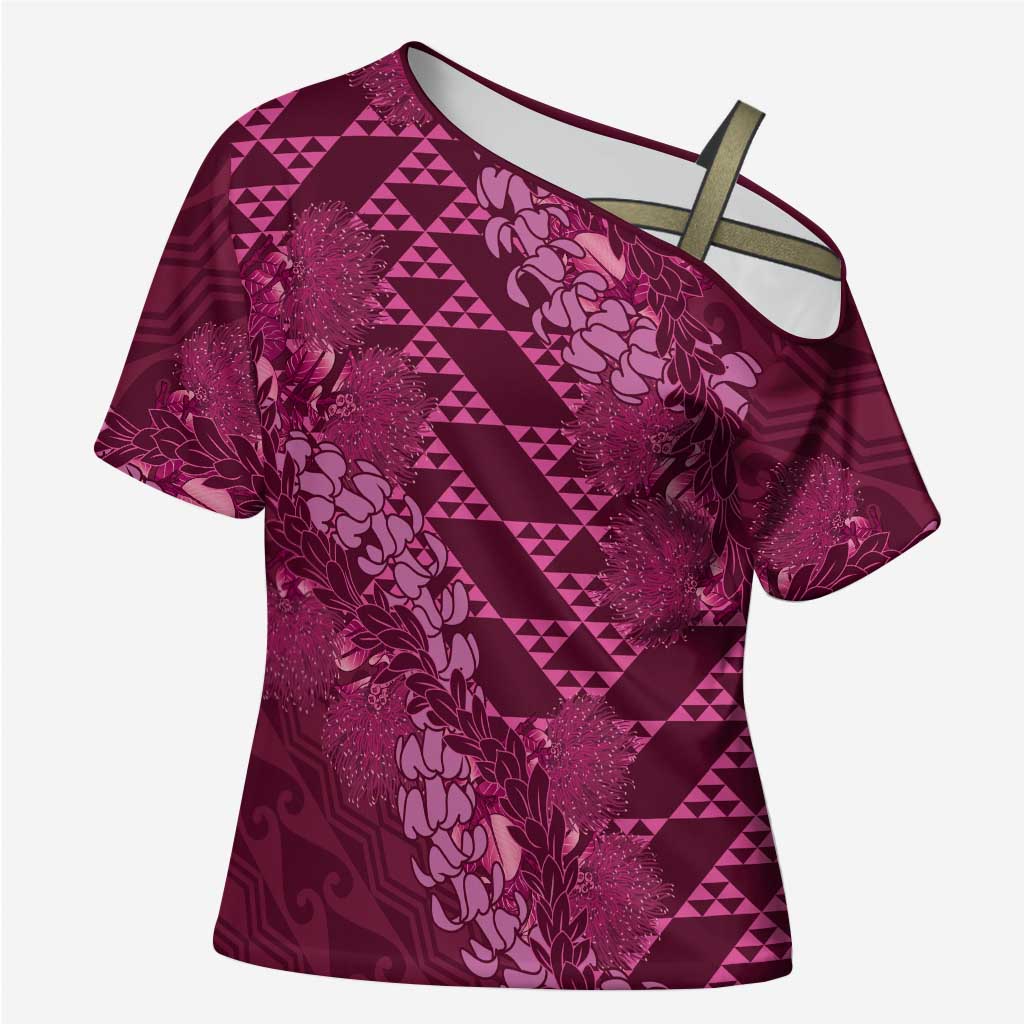 Pink Aloha Hawaii Cross Shoulder Shirt Hawaiian Kakau Ohia Lehua Lei - Polynesian Pride