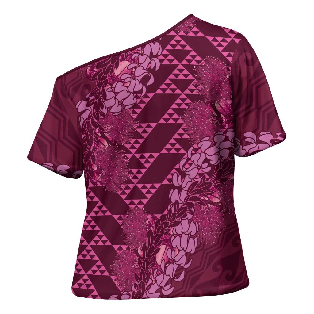 Pink Aloha Hawaii Cross Shoulder Shirt Hawaiian Kakau Ohia Lehua Lei - Polynesian Pride