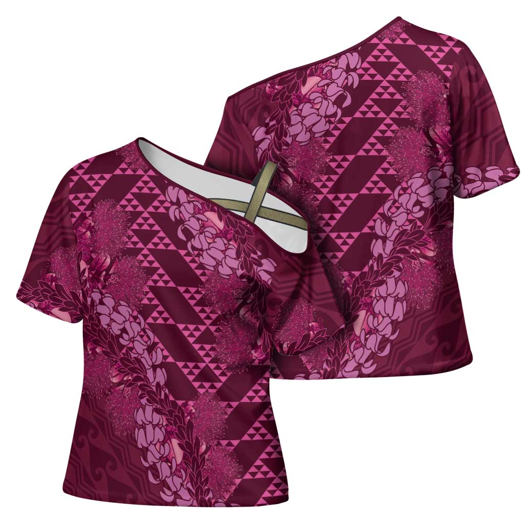 Pink Aloha Hawaii Cross Shoulder Shirt Hawaiian Kakau Ohia Lehua Lei - Polynesian Pride