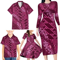 Pink Aloha Hawaii Family Matching Long Sleeve Bodycon Dress and Hawaiian Shirt Hawaiian Kakau Ohia Lehua Lei - Polynesian Pride