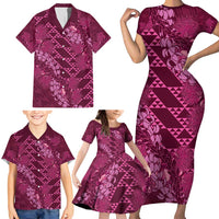Pink Aloha Hawaii Family Matching Short Sleeve Bodycon Dress and Hawaiian Shirt Hawaiian Kakau Ohia Lehua Lei - Polynesian Pride