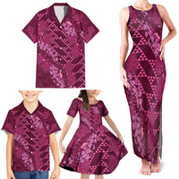 Pink Aloha Hawaii Family Matching Tank Maxi Dress and Hawaiian Shirt Hawaiian Kakau Ohia Lehua Lei - Polynesian Pride
