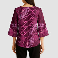 Pink Aloha Hawaii Kimono Sleeve Blouse Hawaiian Kakau Ohia Lehua Lei - Polynesian Pride