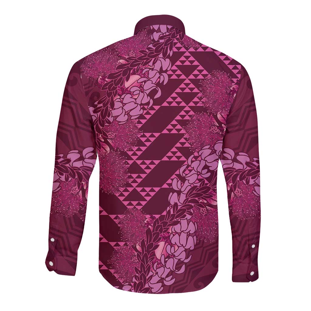 Pink Aloha Hawaii Long Sleeve Button Shirt Hawaiian Kakau Ohia Lehua Lei - Polynesian Pride